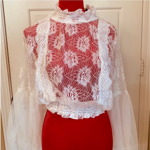 LACE HIGH NECK FULL BALLOON SLEEVE BLOUSE - Picture 5 of 8